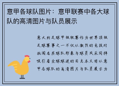 意甲各球队图片：意甲联赛中各大球队的高清图片与队员展示