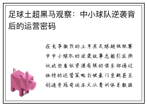 足球土超黑马观察：中小球队逆袭背后的运营密码